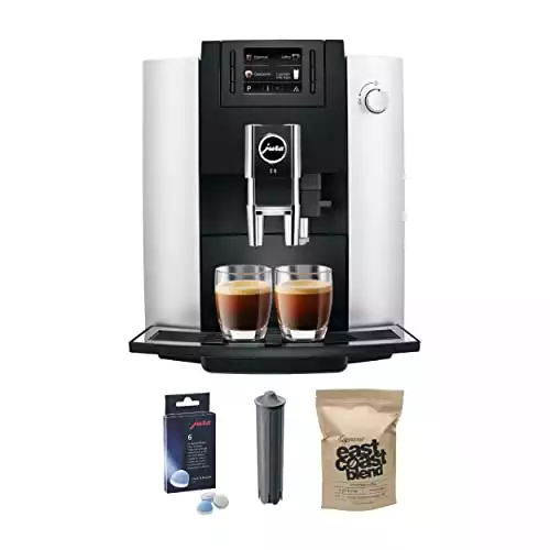 Jura E6 Automatic Coffee Center with Dual Coffee And Milk Spouts (Platinum) Bundle with Smart Filter Cartridge, Cleaning Tablets (6 Count), and East Coast Blend Whole Bean Coffee (1-lb) (4 Items)